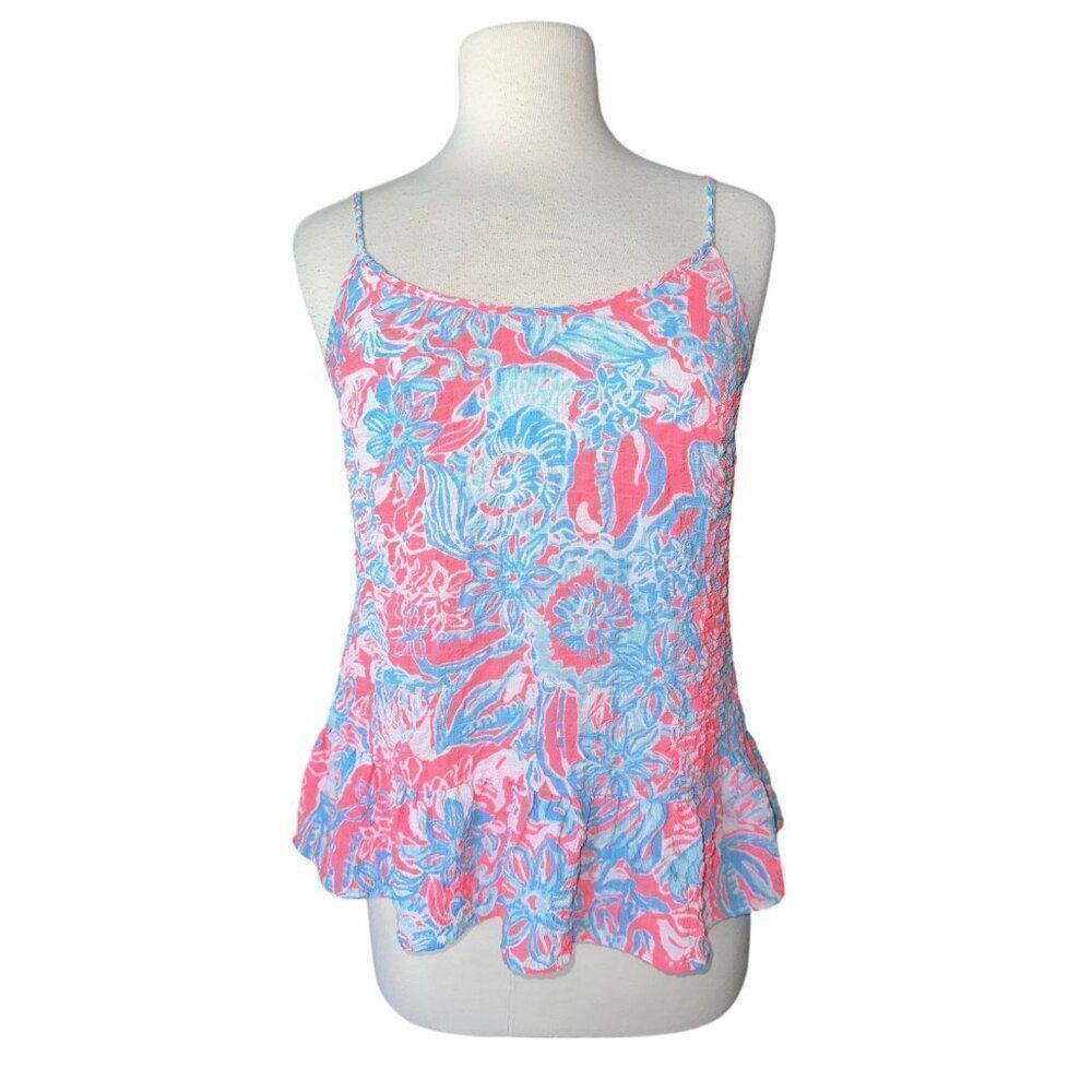 FB11 Lilly Pulitzer Women’s Pink Sun Ray Ruffled Coral Flow Tank Top Size XS